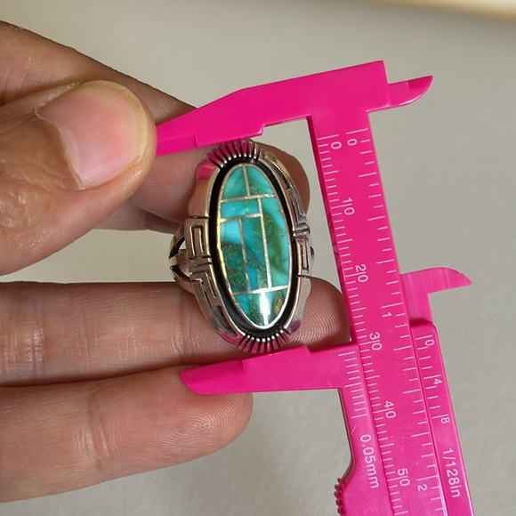 Navajo Handmade vintage Silver and Turquoise Inlay Ring size 9 - Picture 13 of 14